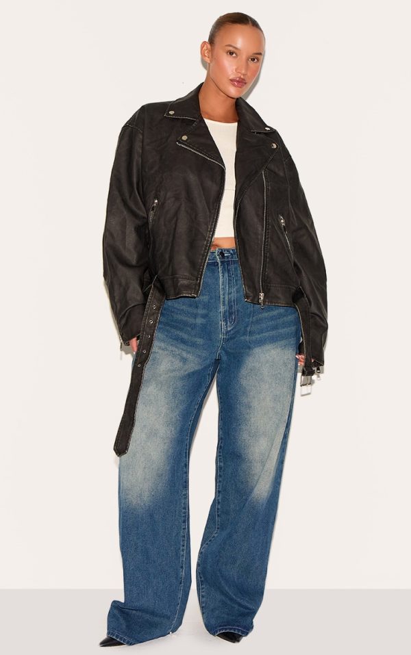Plus Black Vintage Faux Leather Oversized Zip Up Biker Jacket