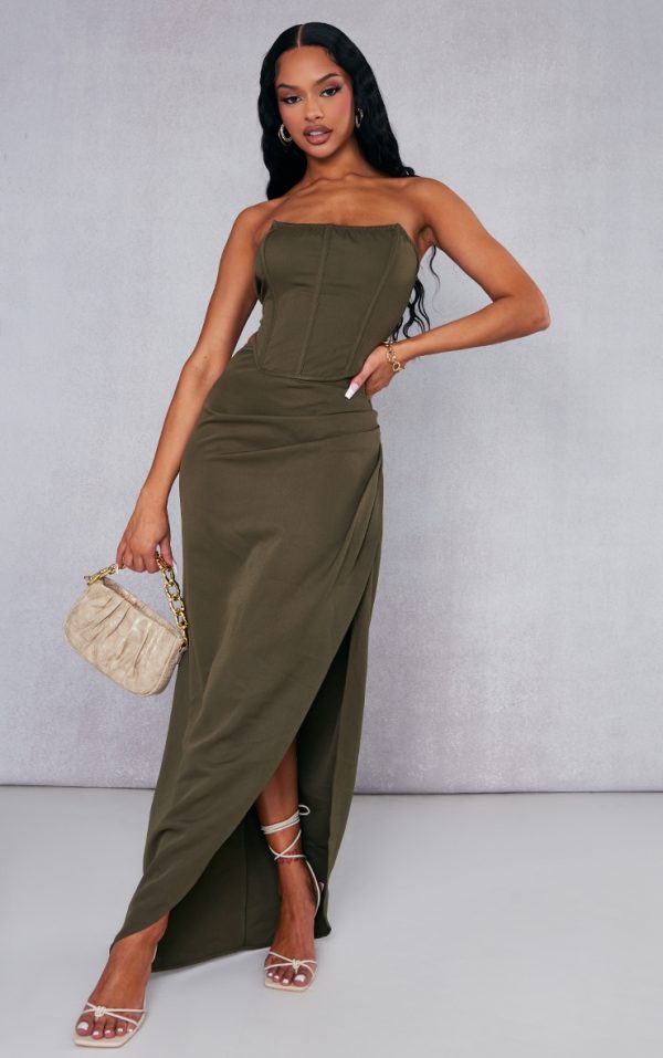 Khaki Woven Ruched Midaxi Skirt