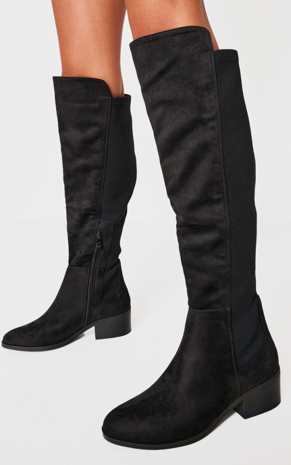 Black Faux Suede Wide Fit Round Toe Block Heel Knee High Boots