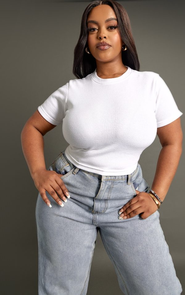 Plus White Basic Rib Short Sleeve Crop Top