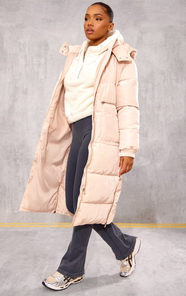 Stone Hooded Maxi Puffer Coat