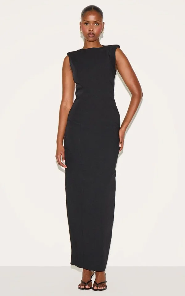 Black Woven Boat Neck Maxi Dress