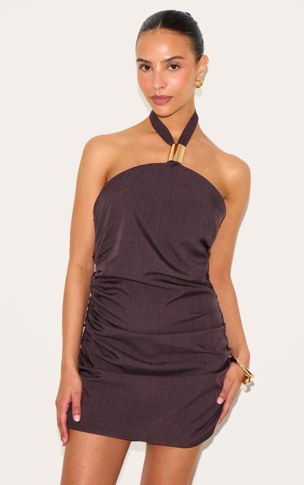 Petite Dark Plum Halterneck Trim Detail Ruched Bodycon Dress