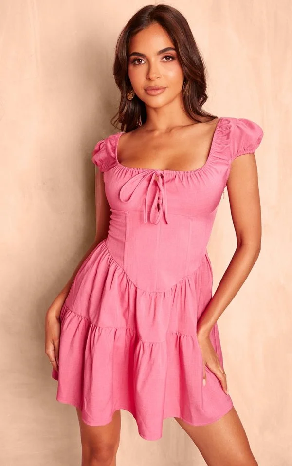 Bright Pink Corset Detail Tie Shift Dress