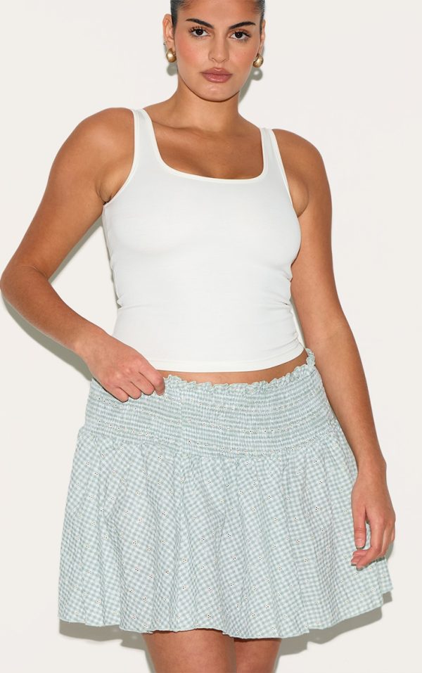Plus Mint Gingham Broderie Embroidered Shirred Waist Mini Skirt