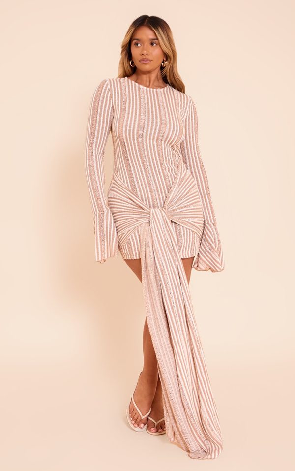 Shape Mocha Textured Long Sleeve Tie Waist Mini Dress