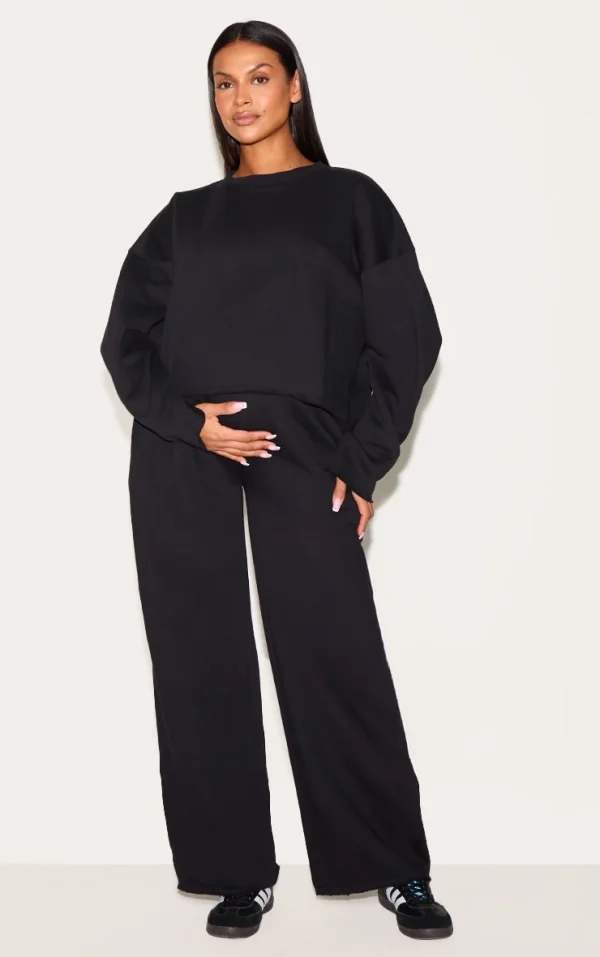 Maternity Black Fleeceback Wide Leg Sweatpants