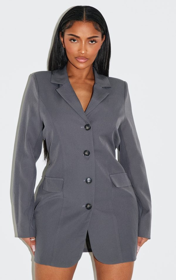 Shape Charcoal Woven Conched Adjustable Waist Blazer Dress