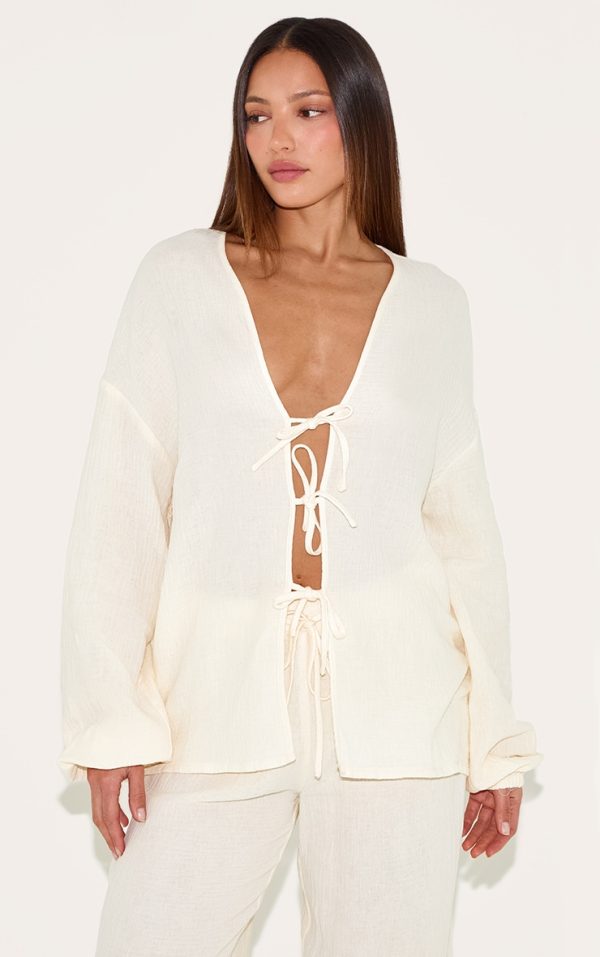 Tall Cream Textured Cheesecloth Tie Front Shirt
