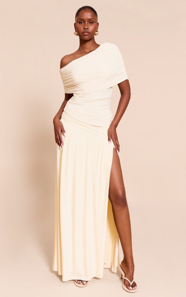 Cream Double Layer Slinky Drop Waist Slit Maxi Skirt