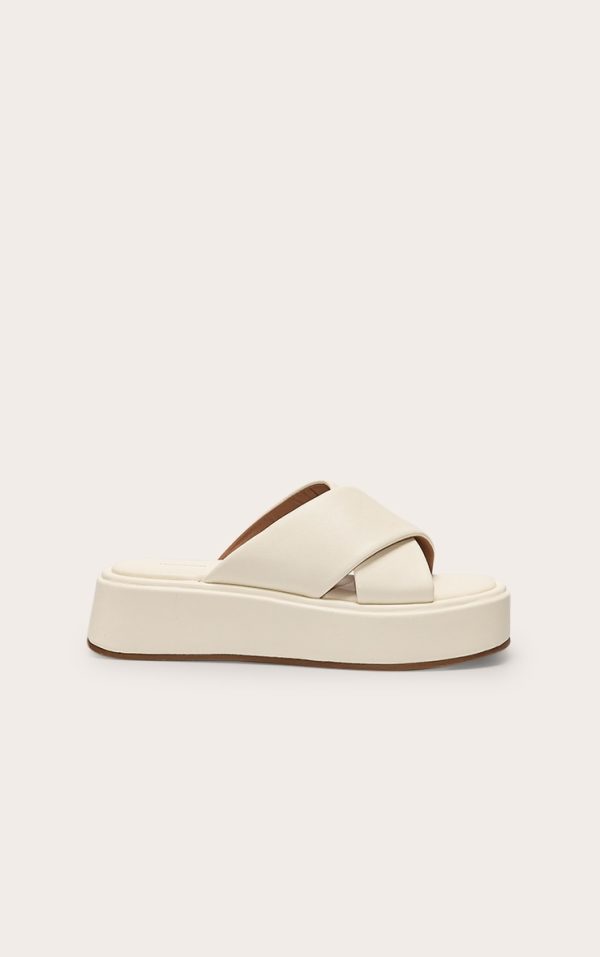 Cream Pu Round Toe Cross Strap Flatform Sandals