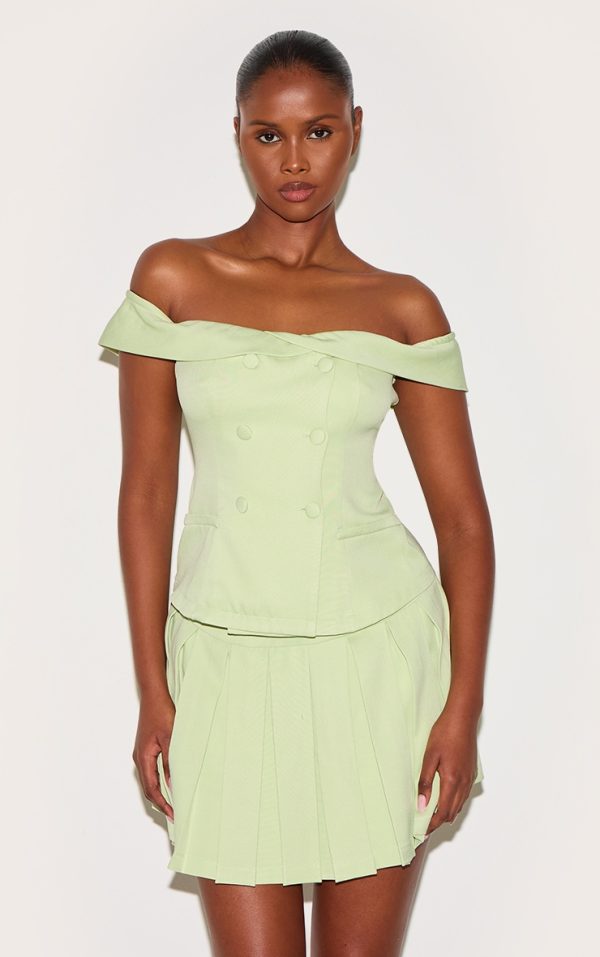 Pale Lime Tailored Button Detail Bardot Pleated Skort Romper