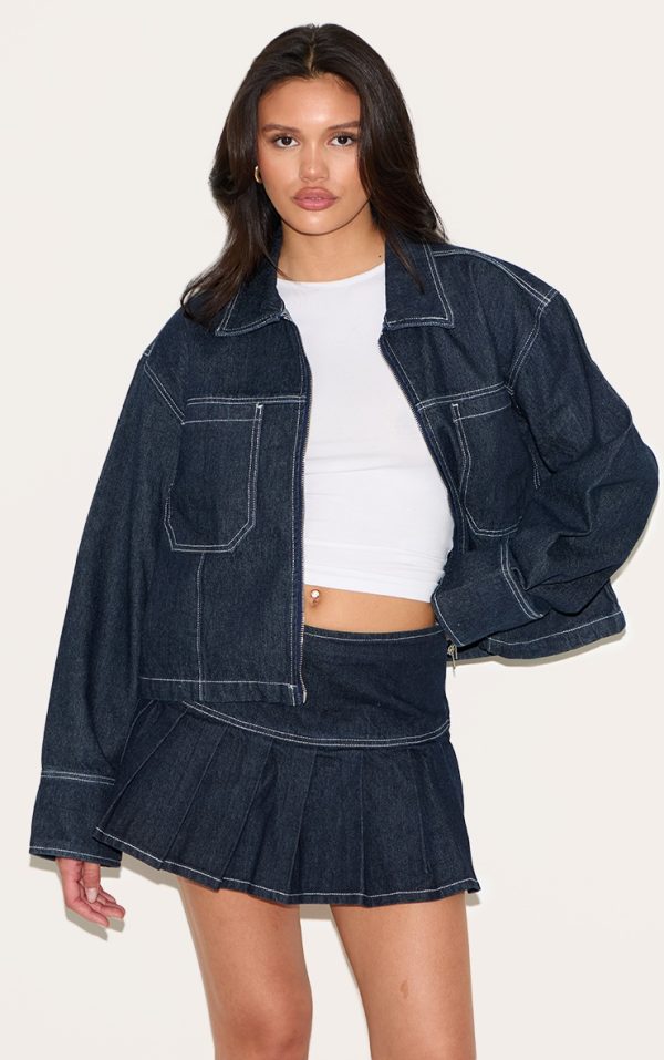 Dark Indigo Contrast Stitch Pleated Denim Mini Skirt