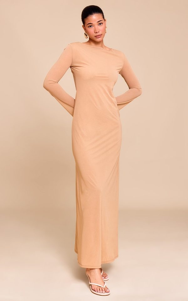 Camel Chiffon Boat Neck Long Sleeve Maxi Dress