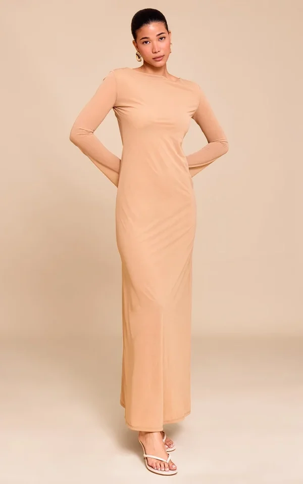 Camel Chiffon Boat Neck Long Sleeve Maxi Dress