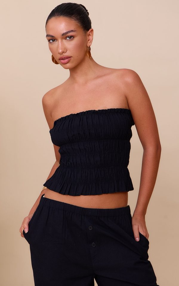 Black Shirred Bandeau Top