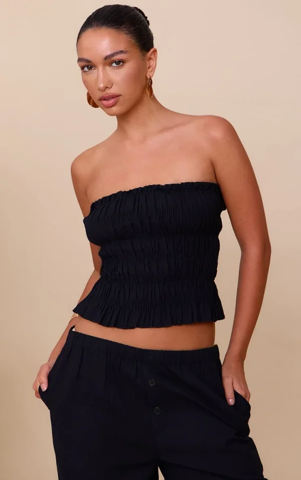 Black Shirred Bandeau Top
