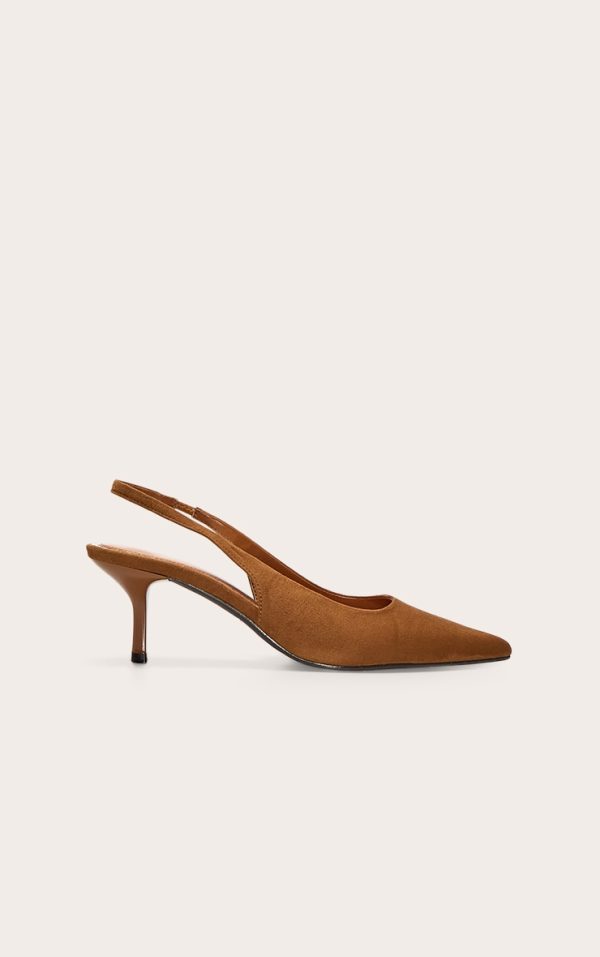 Tan Faux Suede Point Toe Sling Back Mid Heeled Courts