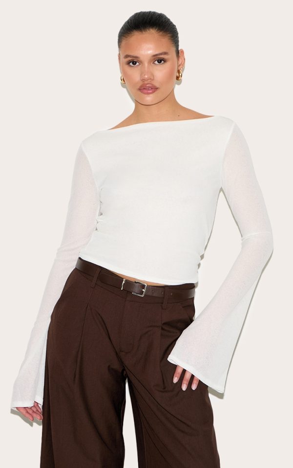 White Double Layer Burn Out Mesh Flared Sleeve Top