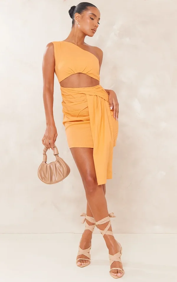 Orange Linen Look One Shoulder Cut Out Drape Bodycon Dress