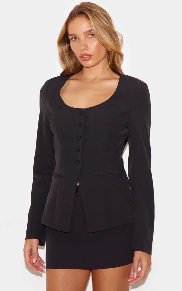 Black Tailored Woven Button Up Blazer