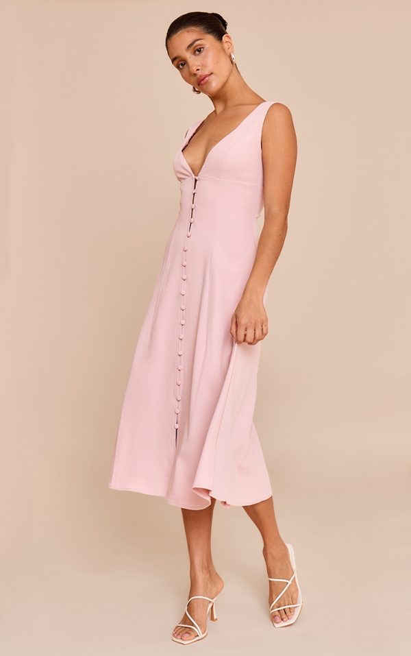Petite Pale Rose Plunge Button Up Midi Dress