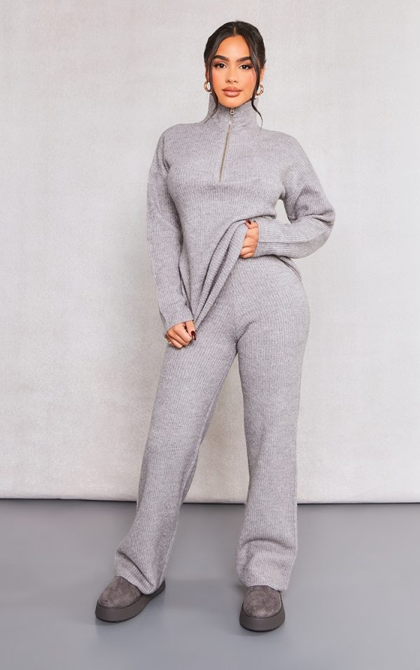 Petite Grey Marl Knit Wide Leg Pants