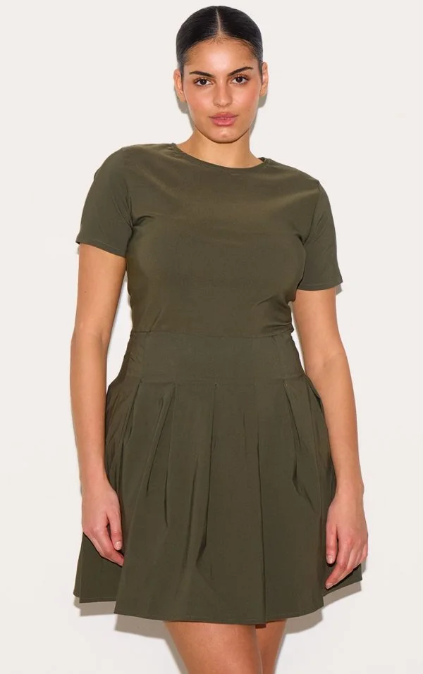 Plus Khaki Pleat Hem Detail Tailored Mini Dress