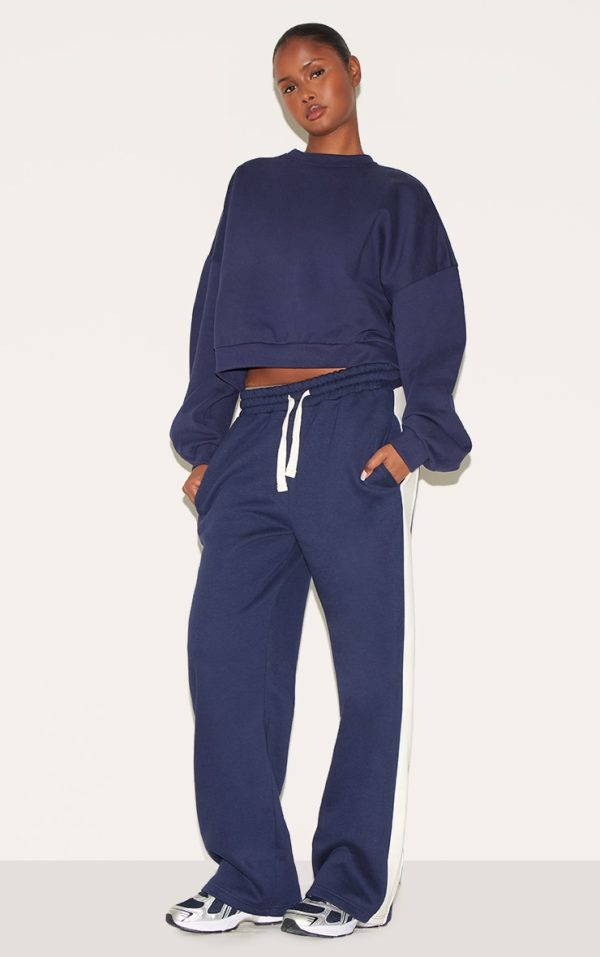Navy Wide Leg Sweat Tape Detail Sweatpants