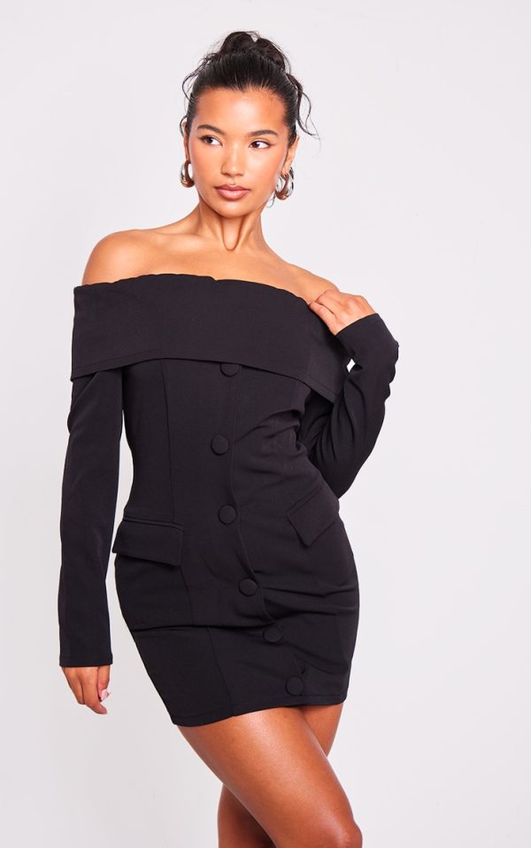 Black Off Shoulder Button Front Shift Blazer Dress