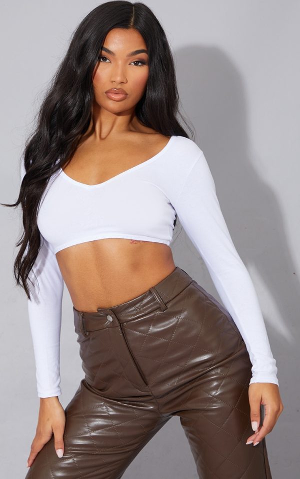 Basic White Cotton Blend Long Sleeve Deep V Crop Top