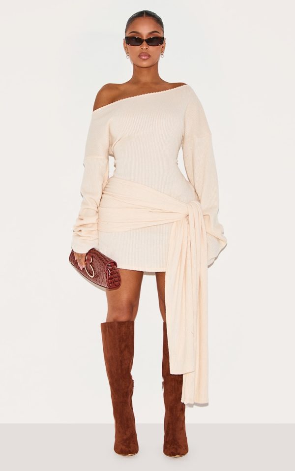 Shape Cream Brushed Rib Boat Neck Wrap Waist Mini Dress
