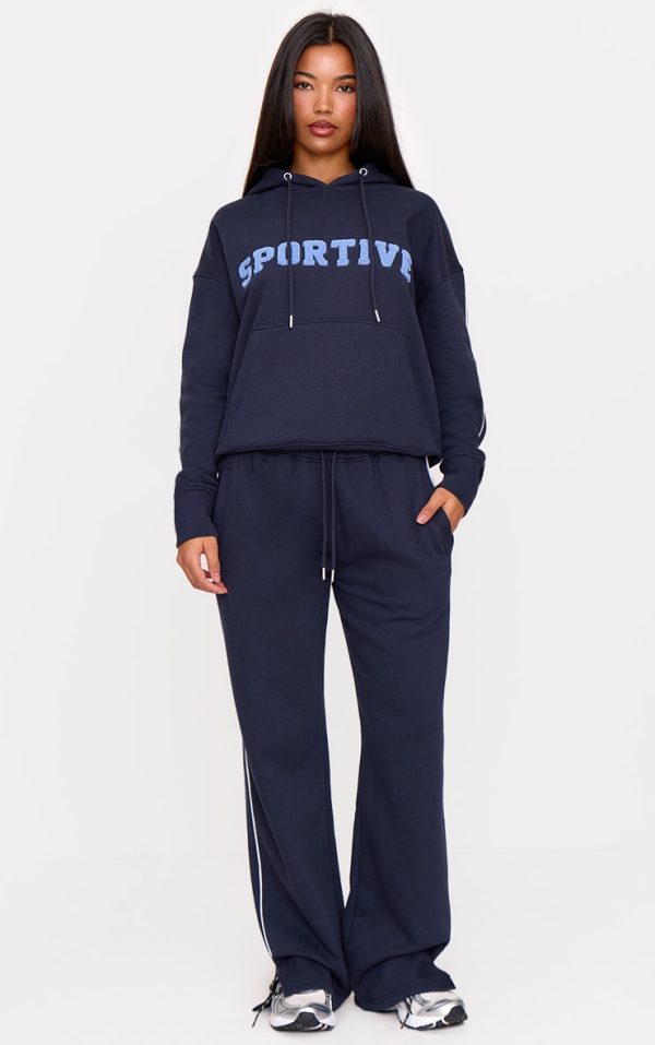 Navy Side Stripe Zip Up Hem Wide Leg Sweatpants