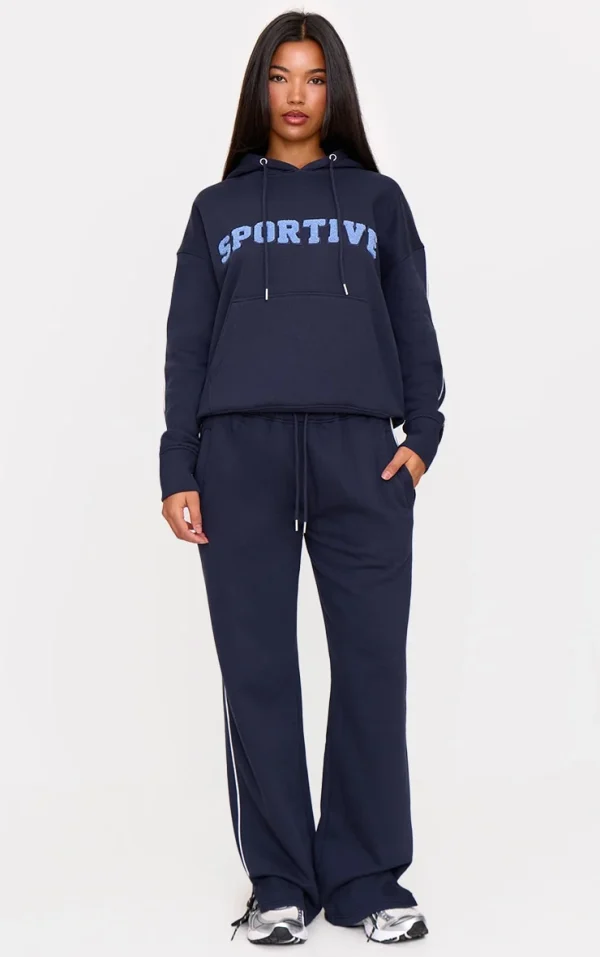Navy Side Stripe Zip Up Hem Wide Leg Sweatpants