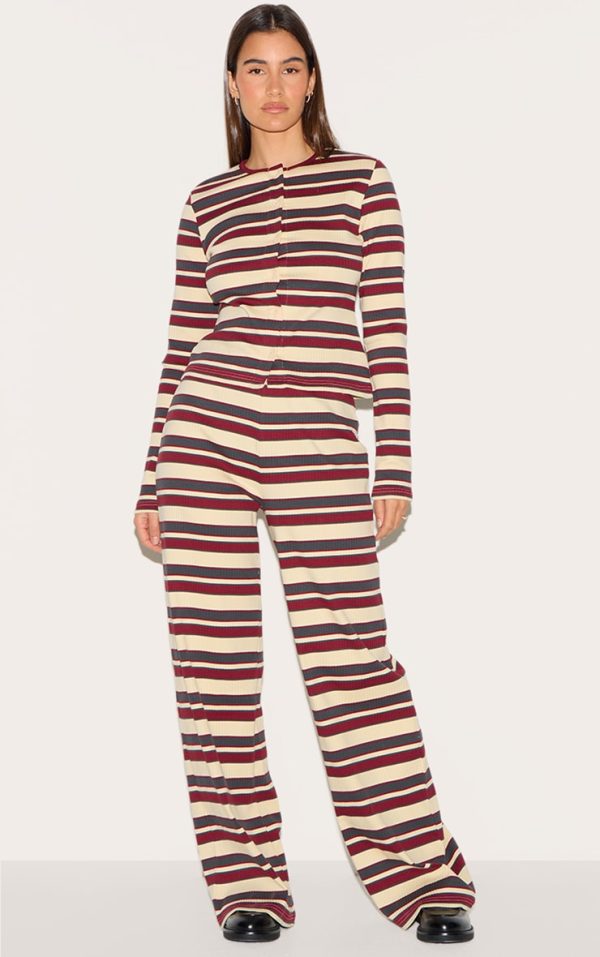 Burgundy Striped Mid Rise Ribbed Straight Leg Pants