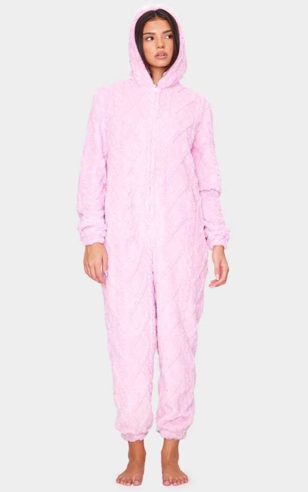 Pink Cable Fleece Hooded Onesie