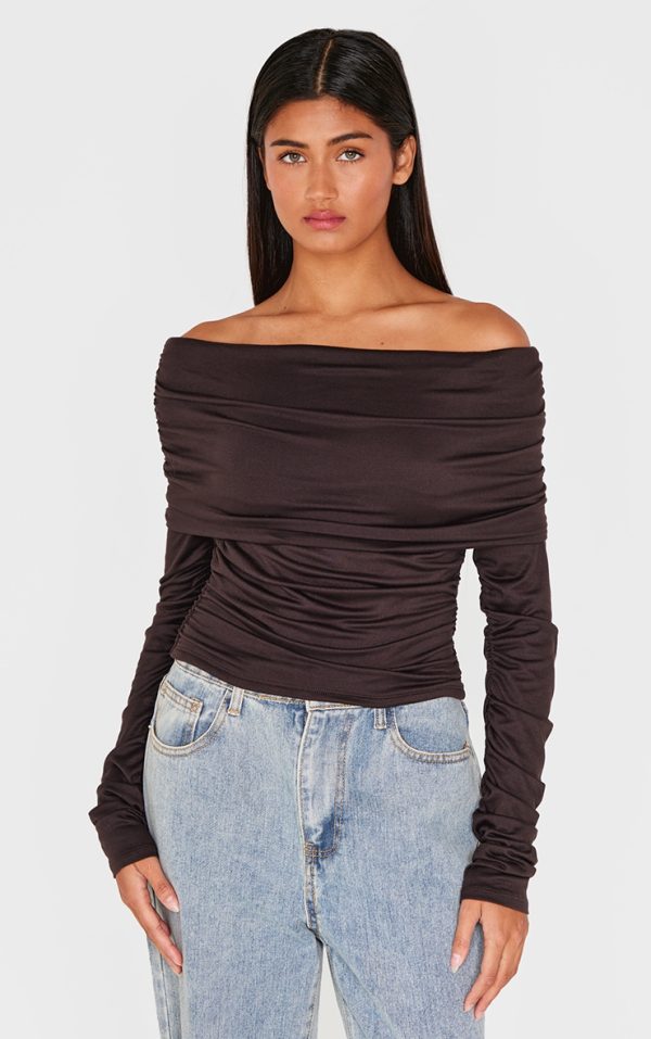 Chocolate Contour Jersey Extreme Fold Over Ruched Detail Long Sleeve Top