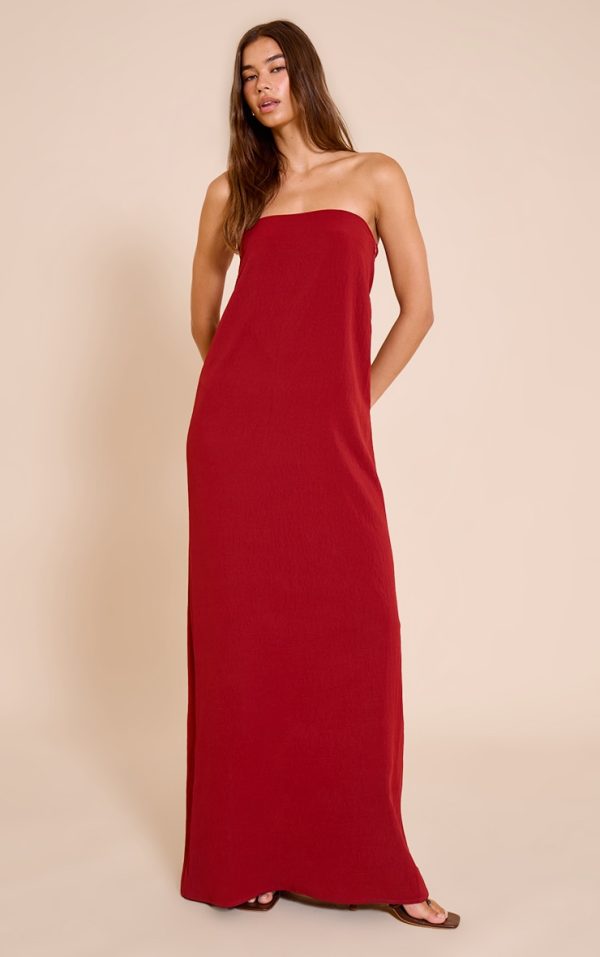 Deep Red Floaty Woven Bandeau Maxi Dress