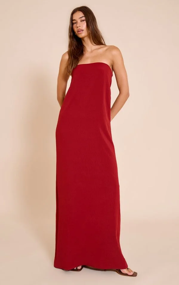 Deep Red Floaty Woven Bandeau Maxi Dress