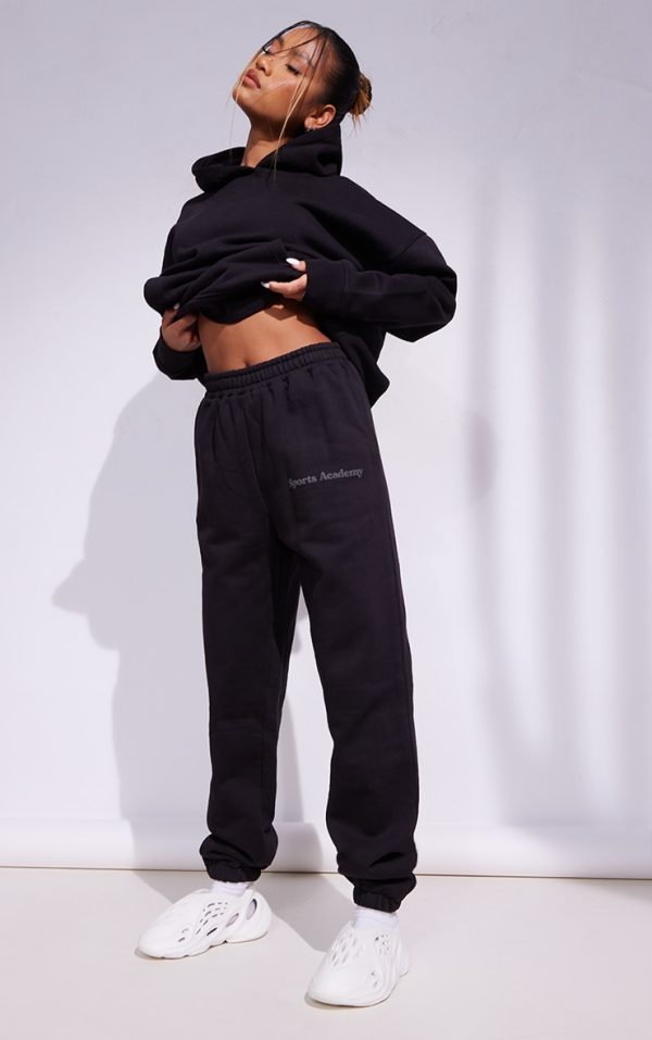Premium Coal Black Sports Academy Puff Print Oversized Sweatpants