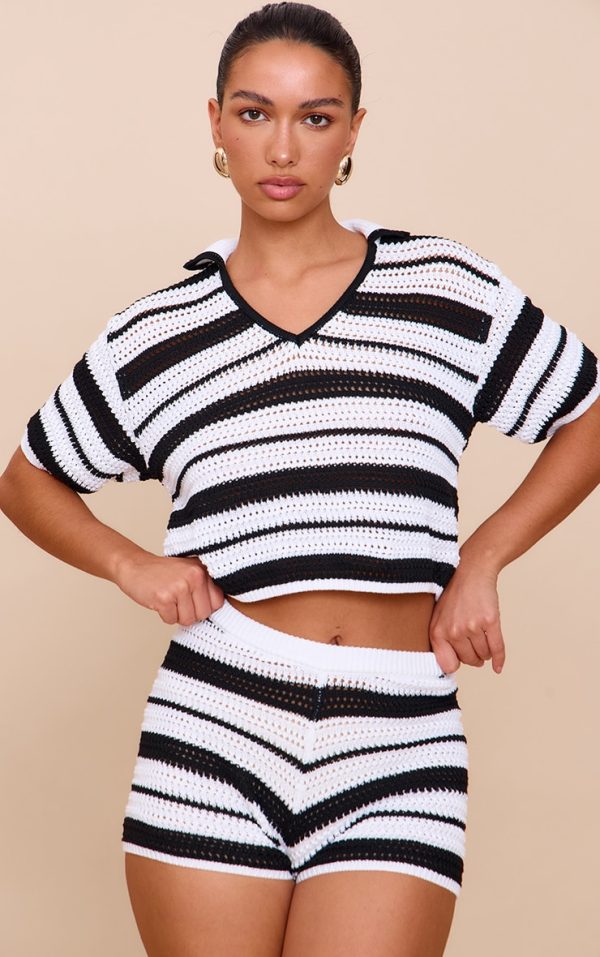 Monochrome Crochet Stripe Knit Polo Top