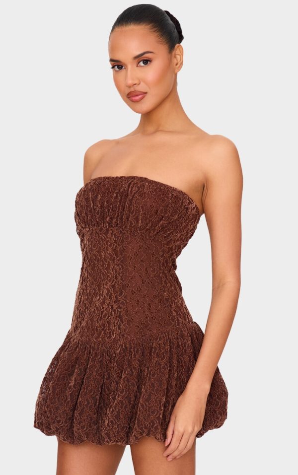 Chocolate Lace Bandeau Ruched Mini Dress