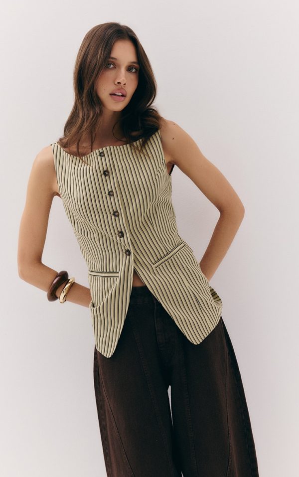 Green Striped Linen Look Vest