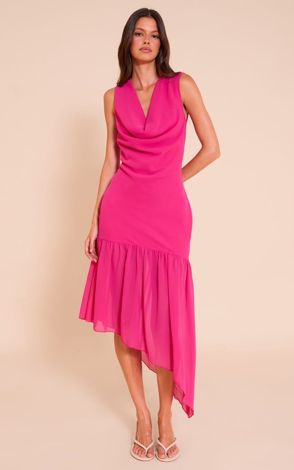 Fuschia Chiffon Drape Detail Asymmetric Midaxi Dress