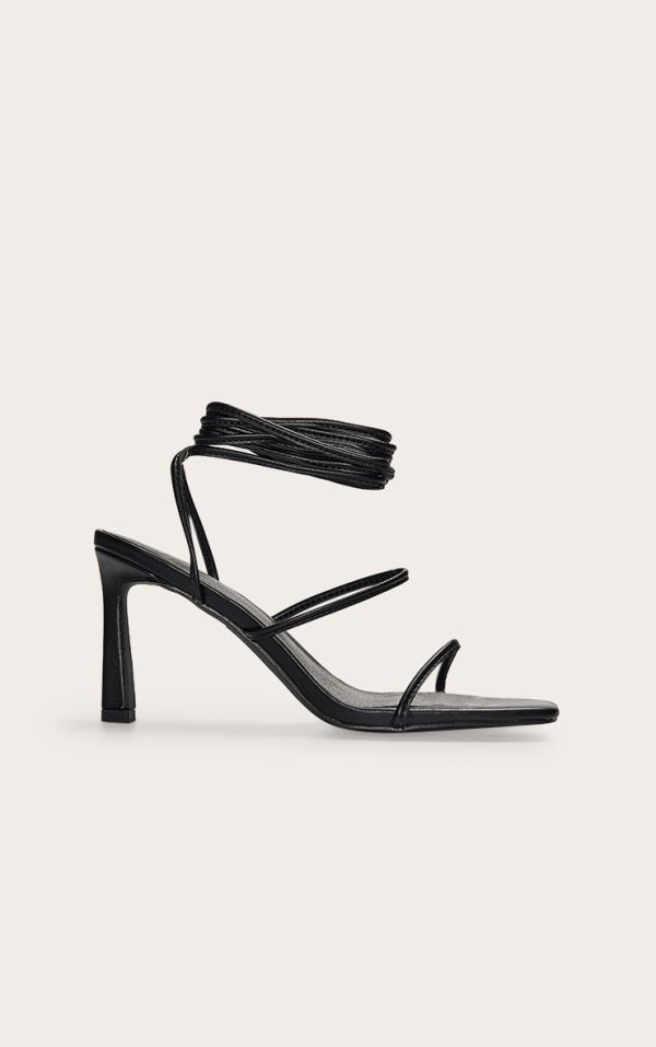 Black Pu Square Toe Strappy Lace Up Mid Stiletto Heeled Sandals