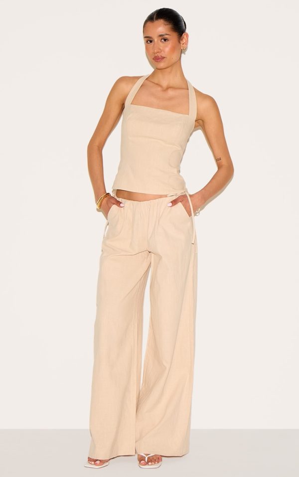 Tall Natural Premium Linen Look Side Tie Detail Wide Leg Pants
