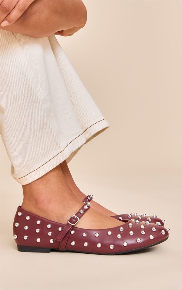 Wine Leather Ballet Pump With Stud Detail