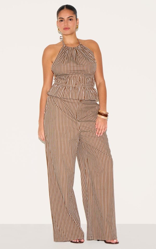 Plus Brown Stripe Woven Mid Rise Wide Leg Pant