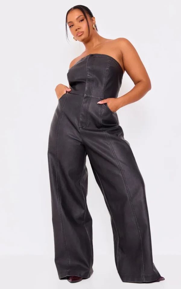 Plus Black Faux Leather Bandeau Lace Back Straight Leg Jumpsuit