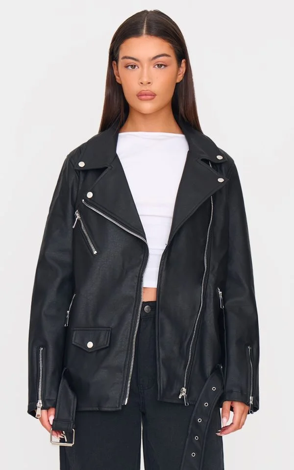Black Faux Leather Longline Belted Biker Jacket